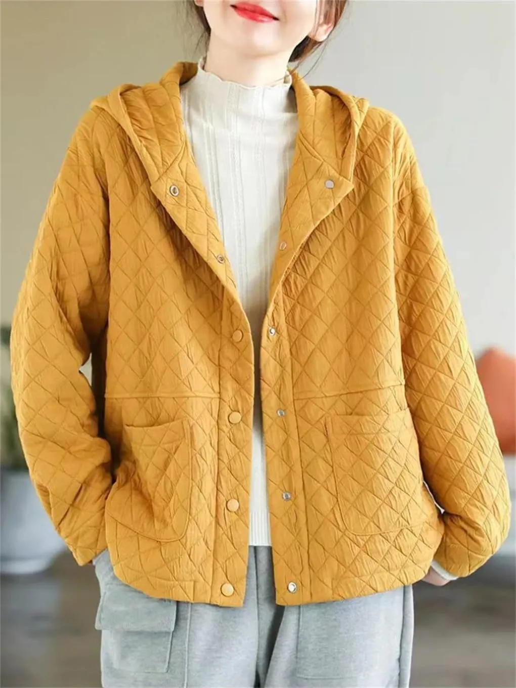 DBFBDTU Women Hooded Quilted Coats Autumn Winter Thin Coat Long Sleeves Cotton Padded Outwear