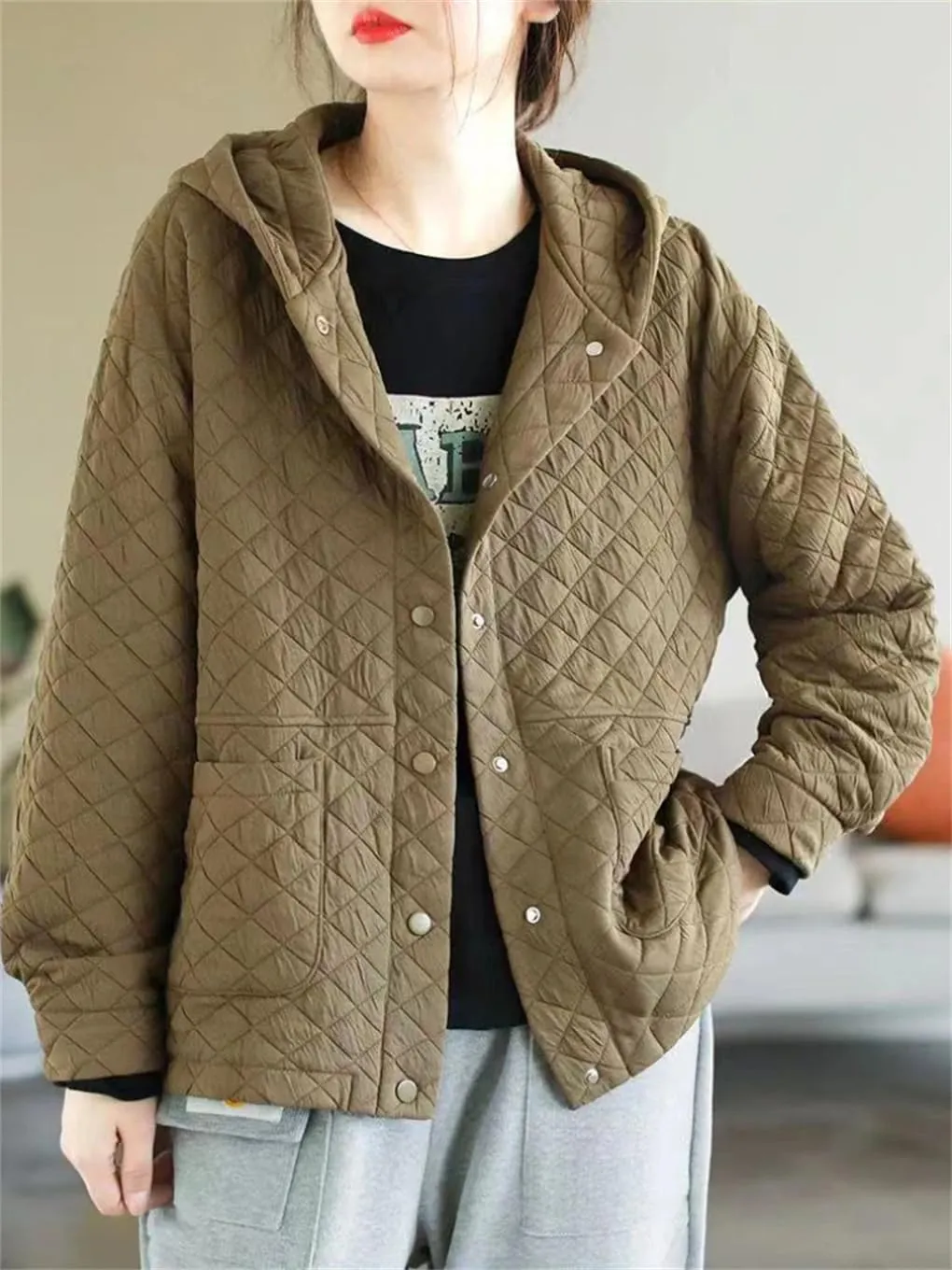 DBFBDTU Women Hooded Quilted Coats Autumn Winter Thin Coat Long Sleeves Cotton Padded Outwear