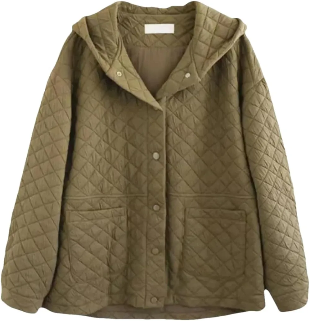 DBFBDTU Women Hooded Quilted Coats Autumn Winter Thin Coat Long Sleeves Cotton Padded Outwear