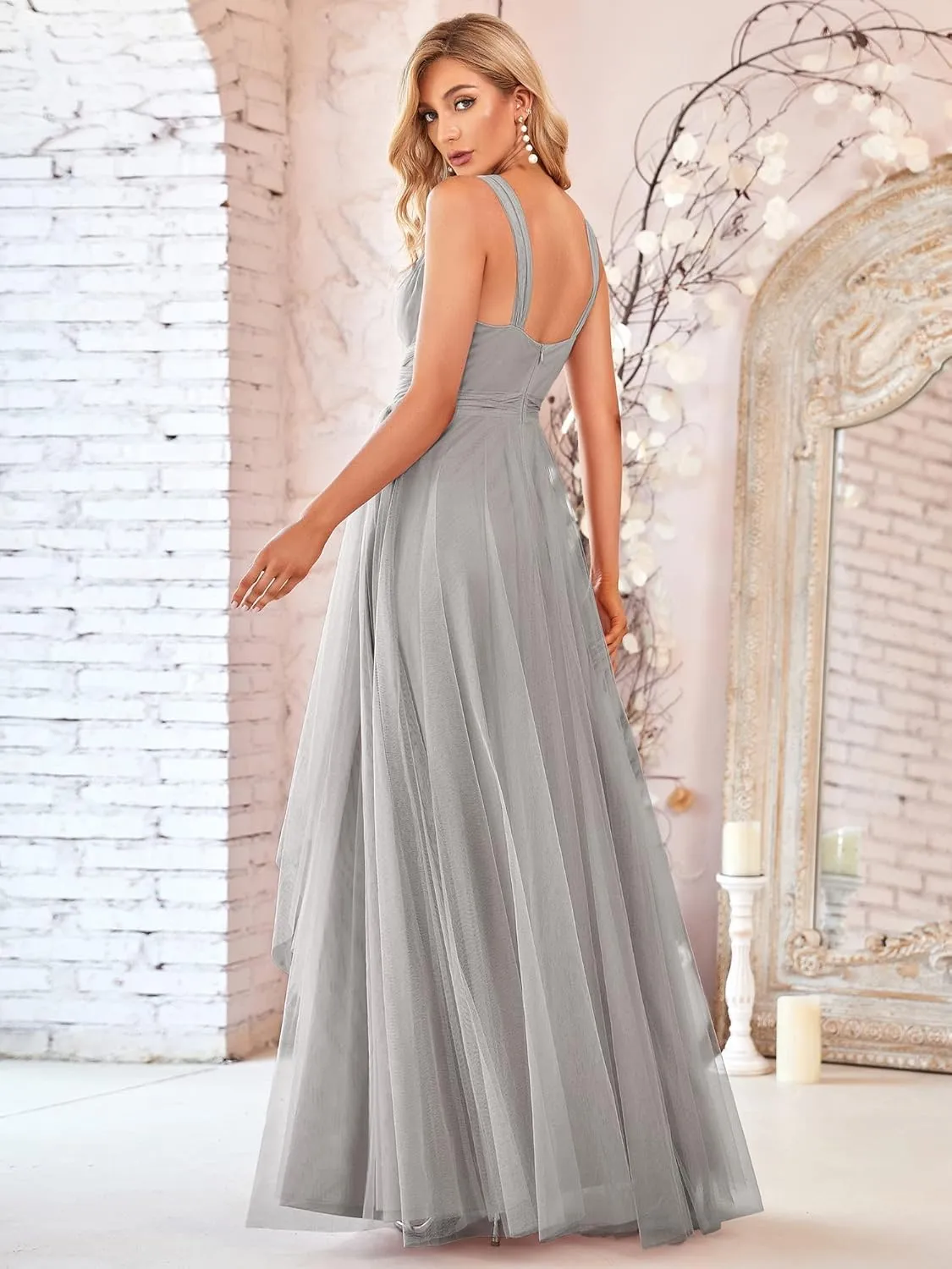 Ever-Pretty Women's Elegant V Neck Sash Waist A-Line Maxi Tulle Wrap Dress Bridesmaid Dresses 07303-USA