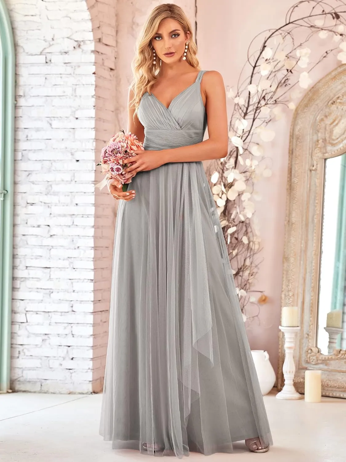 Ever-Pretty Women's Elegant V Neck Sash Waist A-Line Maxi Tulle Wrap Dress Bridesmaid Dresses 07303-USA