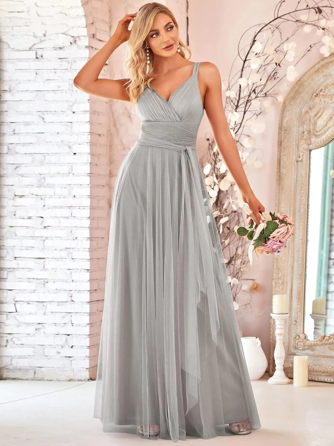 Ever-Pretty Women's Elegant V Neck Sash Waist A-Line Maxi Tulle Wrap Dress Bridesmaid Dresses 07303-USA