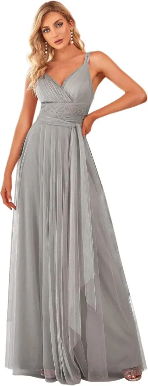 Ever-Pretty Women's Elegant V Neck Sash Waist A-Line Maxi Tulle Wrap Dress Bridesmaid Dresses 07303-USA