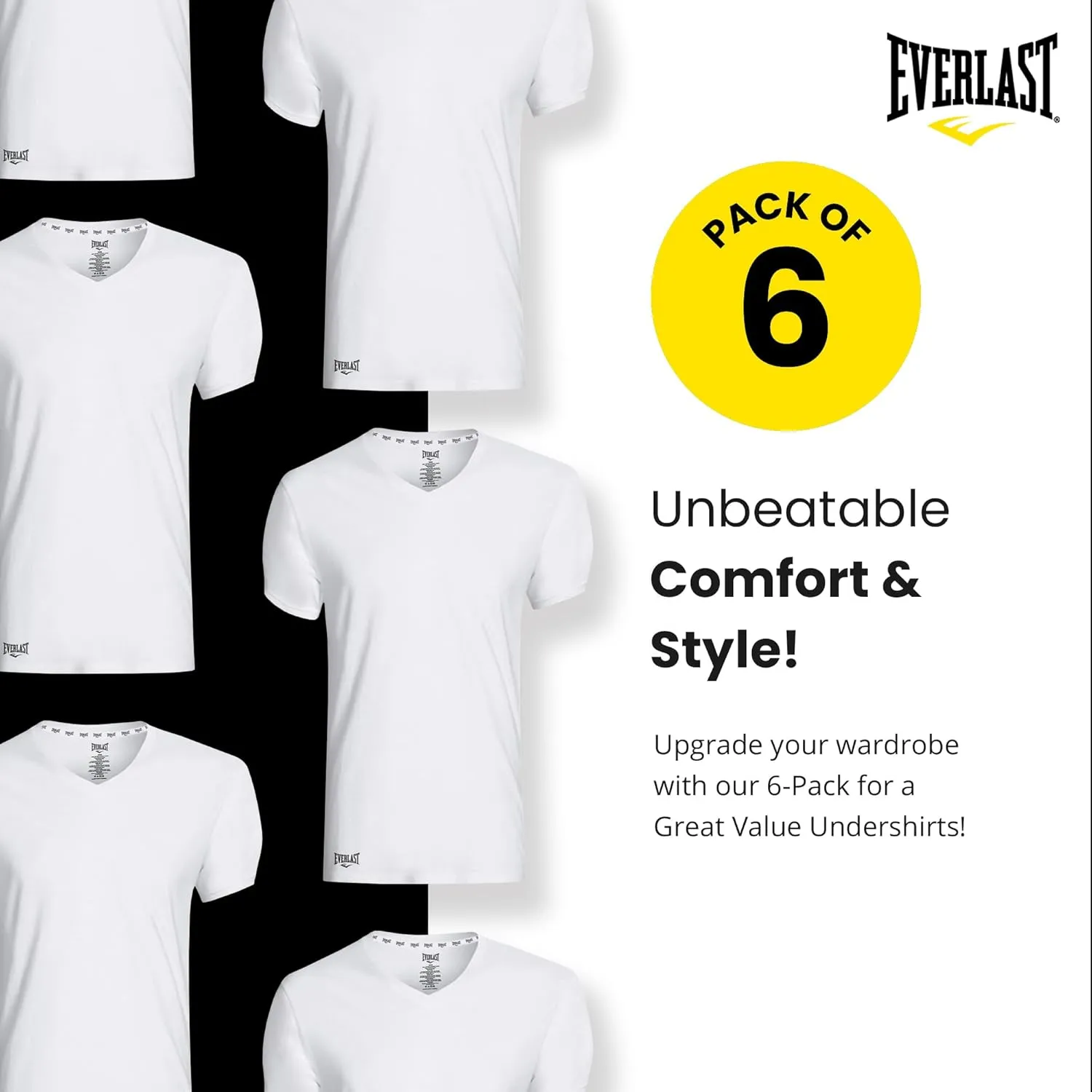 Everlast 6-Pack Men's Essential V-Neck Undershirts  Breathable, Tagless, Cotton Mens T Shirt  T Shirts for Men Pack