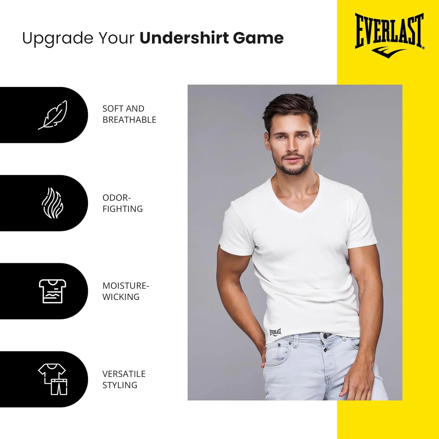 Everlast 6-Pack Men's Essential V-Neck Undershirts  Breathable, Tagless, Cotton Mens T Shirt  T Shirts for Men Pack