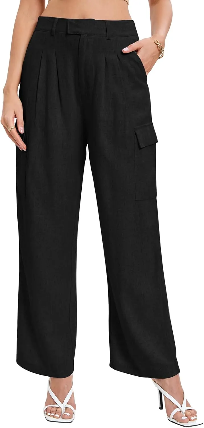 Famulily Comfy Pleated Linen Pants for Women Casual High Waisted Wide Leg Cargo Pants with Pockets