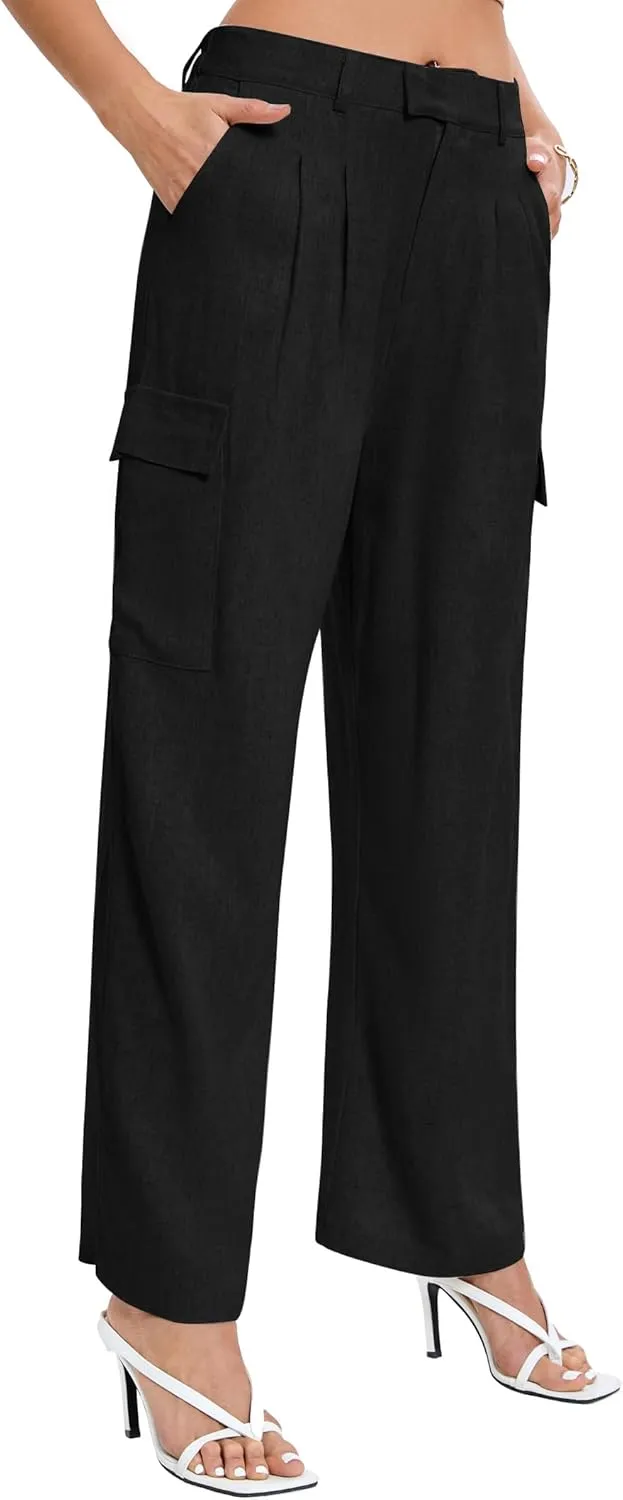 Famulily Comfy Pleated Linen Pants for Women Casual High Waisted Wide Leg Cargo Pants with Pockets