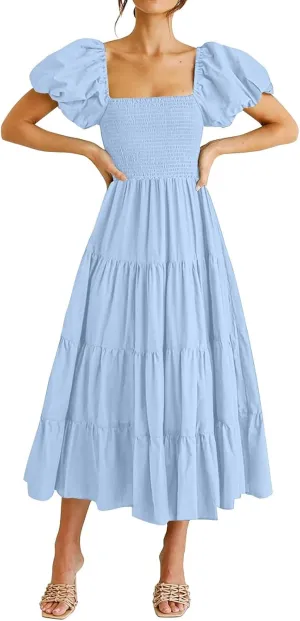 fanmpghleoo Midi Dress for Women Tiered Square Neck Puff Sleeve Smocked Dresses Casual Beach Church Wedding Guest Dress