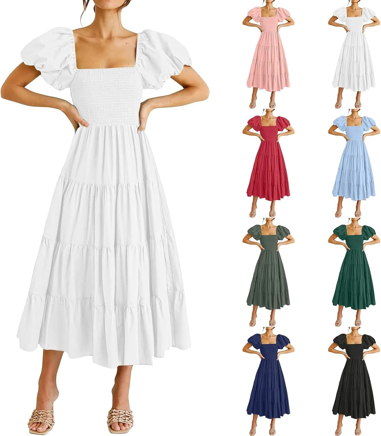 fanmpghleoo Midi Dress for Women Tiered Square Neck Puff Sleeve Smocked Dresses Casual Beach Church Wedding Guest Dress