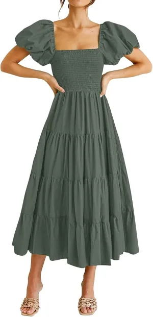 fanmpghleoo Midi Dress for Women Tiered Square Neck Puff Sleeve Smocked Dresses Casual Beach Church Wedding Guest Dress