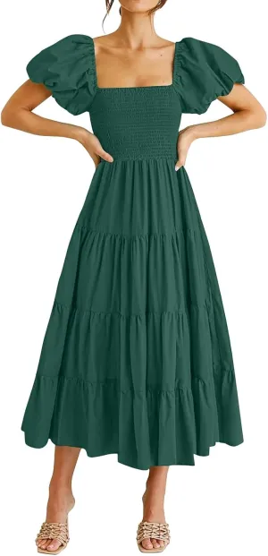 fanmpghleoo Midi Dress for Women Tiered Square Neck Puff Sleeve Smocked Dresses Casual Beach Church Wedding Guest Dress