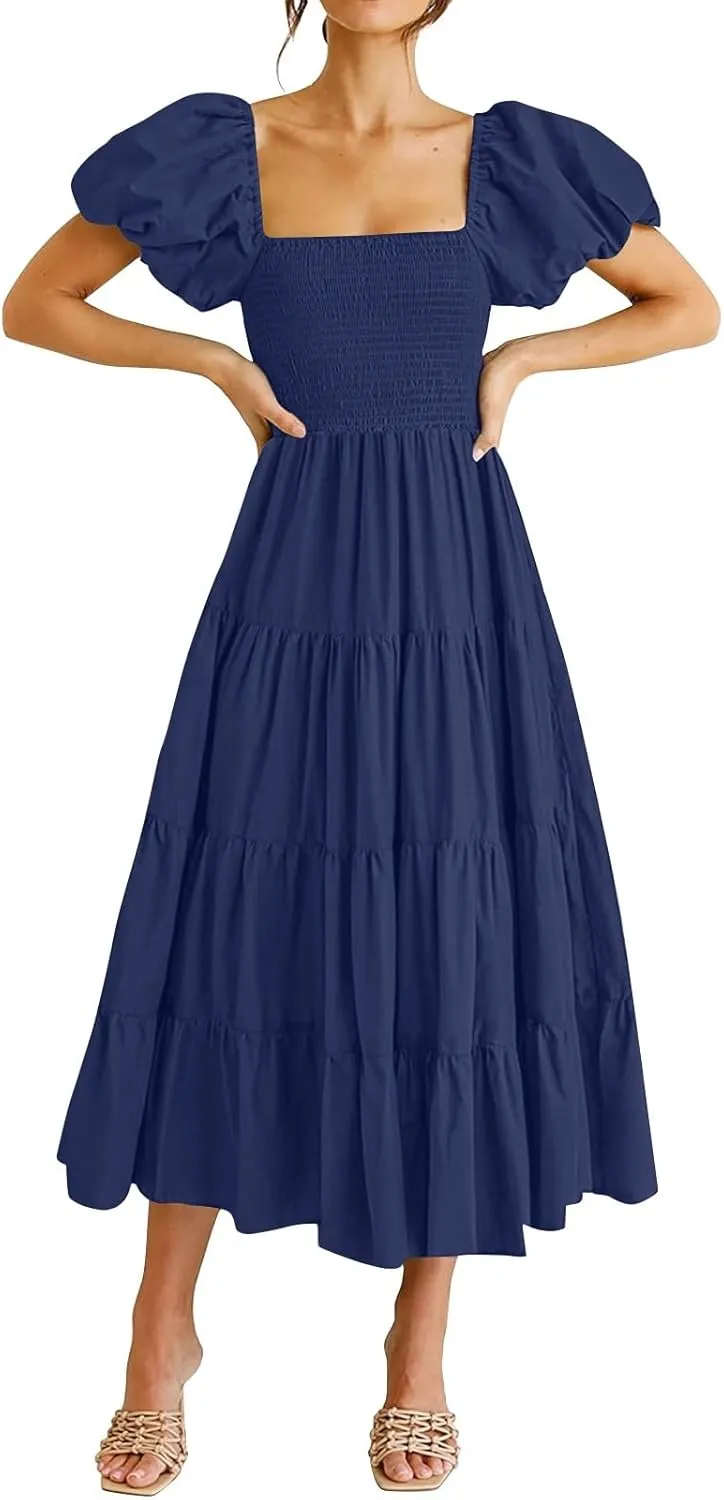 fanmpghleoo Midi Dress for Women Tiered Square Neck Puff Sleeve Smocked Dresses Casual Beach Church Wedding Guest Dress