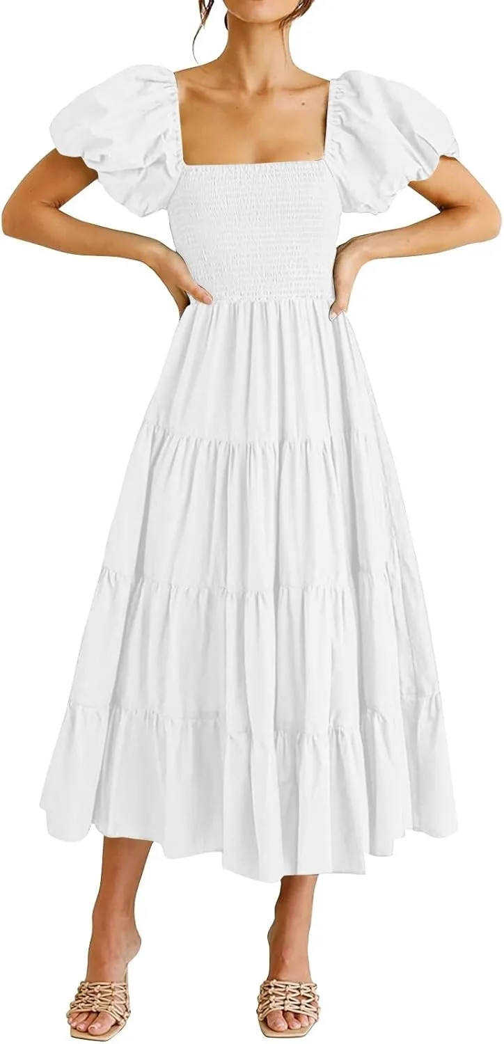fanmpghleoo Midi Dress for Women Tiered Square Neck Puff Sleeve Smocked Dresses Casual Beach Church Wedding Guest Dress