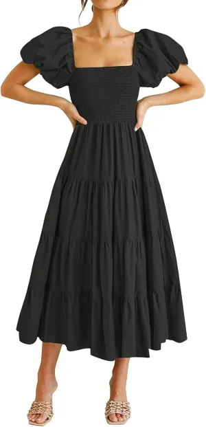 fanmpghleoo Midi Dress for Women Tiered Square Neck Puff Sleeve Smocked Dresses Casual Beach Church Wedding Guest Dress