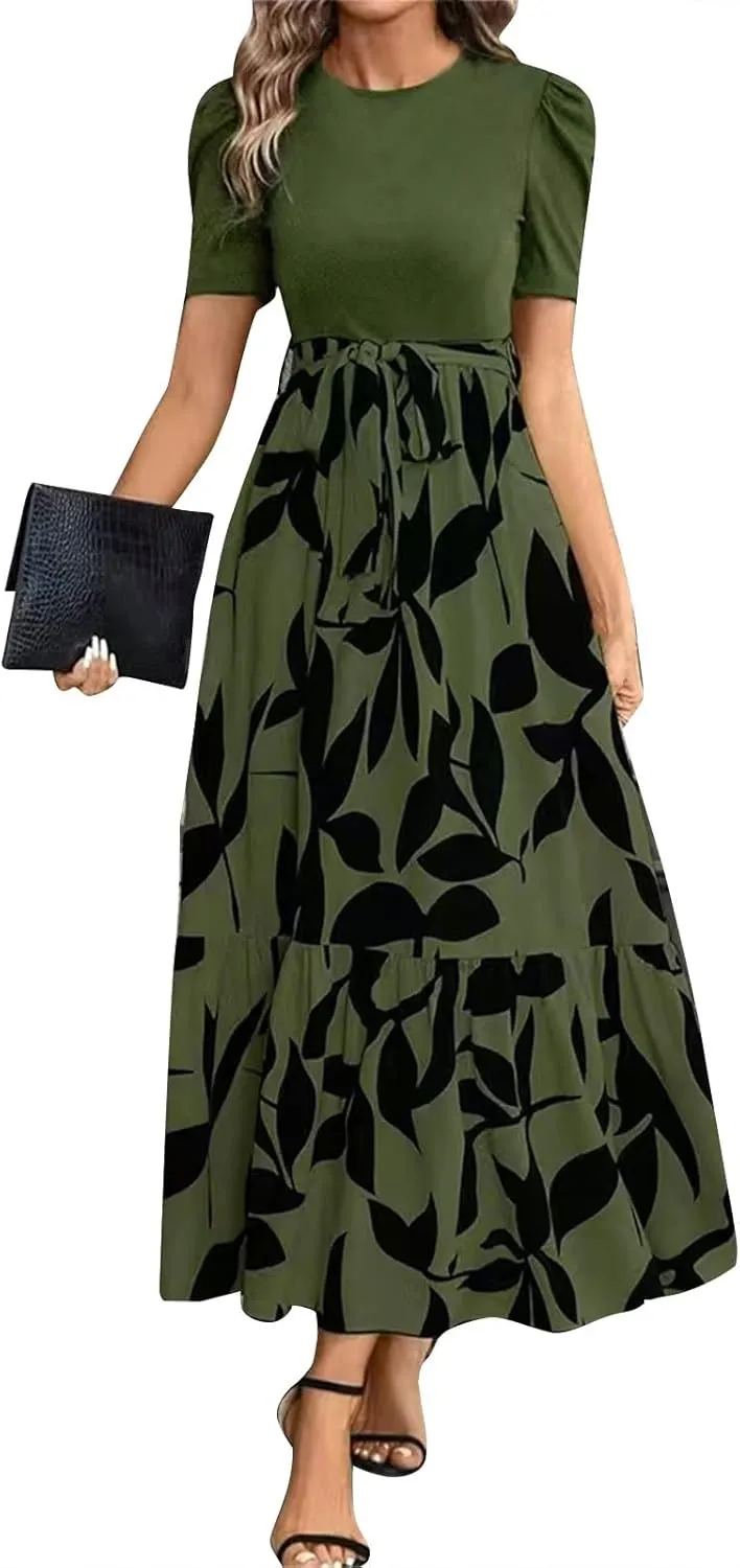 fanmpghleoo Summer Maxi Dresses for Women 2025 Short Sleeve Empire Waist Dress Flowy Beach Vacation Wrap A Line Midi Dresses