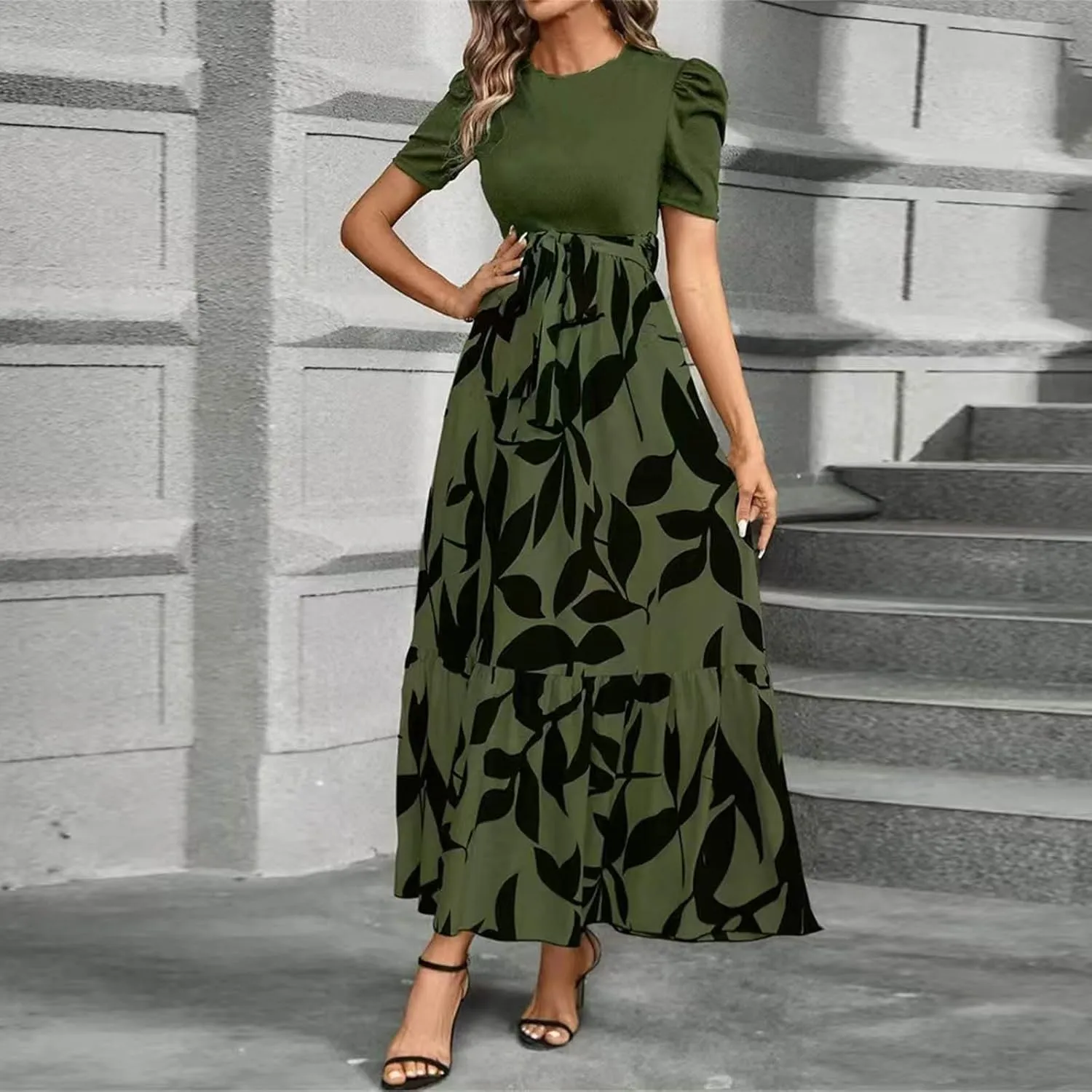 fanmpghleoo Summer Maxi Dresses for Women 2025 Short Sleeve Empire Waist Dress Flowy Beach Vacation Wrap A Line Midi Dresses