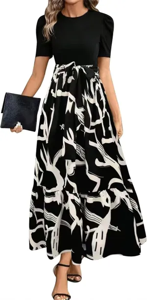 fanmpghleoo Summer Maxi Dresses for Women 2025 Short Sleeve Empire Waist Dress Flowy Beach Vacation Wrap A Line Midi Dresses