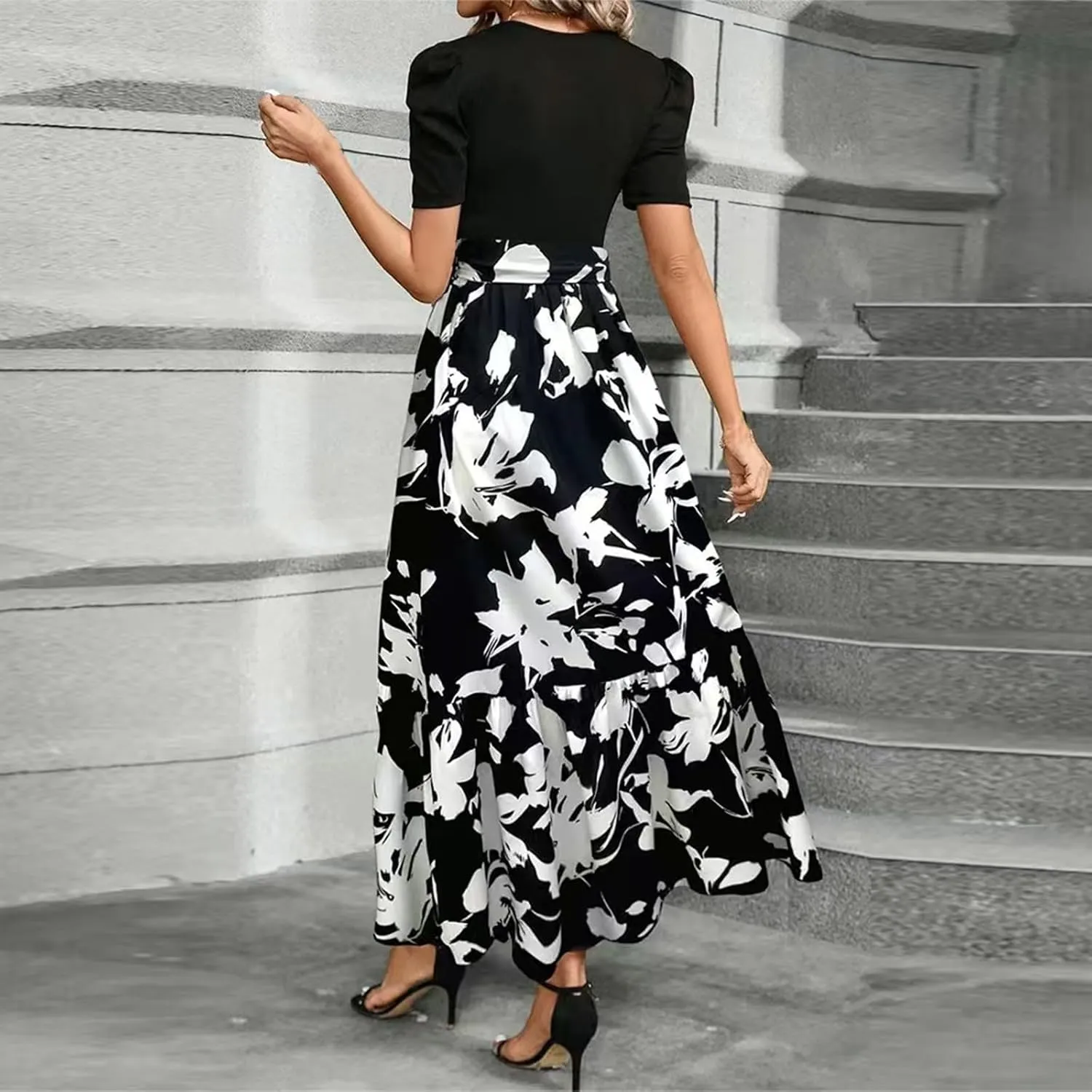 fanmpghleoo Summer Maxi Dresses for Women 2025 Short Sleeve Empire Waist Dress Flowy Beach Vacation Wrap A Line Midi Dresses