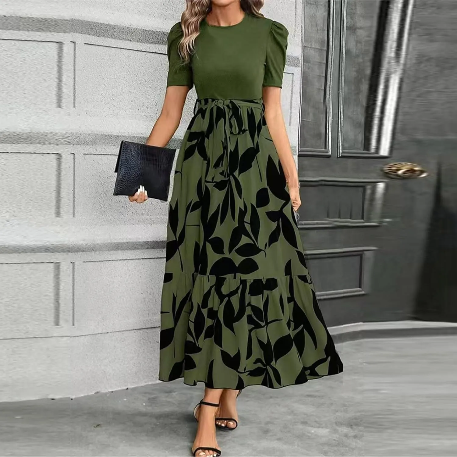 fanmpghleoo Summer Maxi Dresses for Women 2025 Short Sleeve Empire Waist Dress Flowy Beach Vacation Wrap A Line Midi Dresses