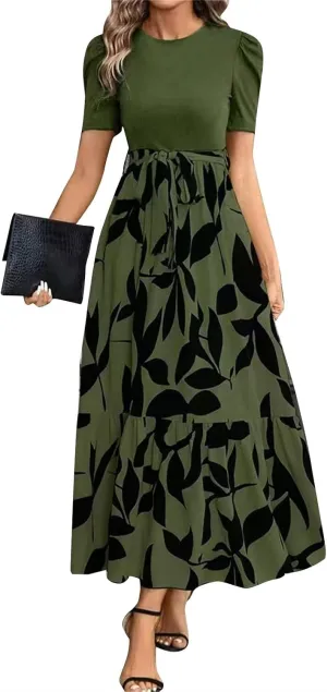 fanmpghleoo Summer Maxi Dresses for Women 2025 Short Sleeve Empire Waist Dress Flowy Beach Vacation Wrap A Line Midi Dresses