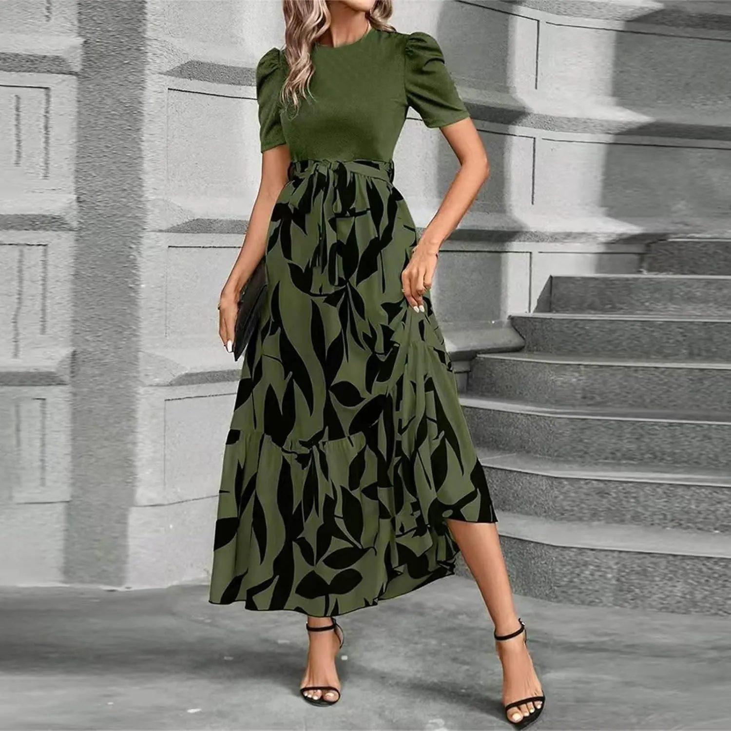 fanmpghleoo Summer Maxi Dresses for Women 2025 Short Sleeve Empire Waist Dress Flowy Beach Vacation Wrap A Line Midi Dresses