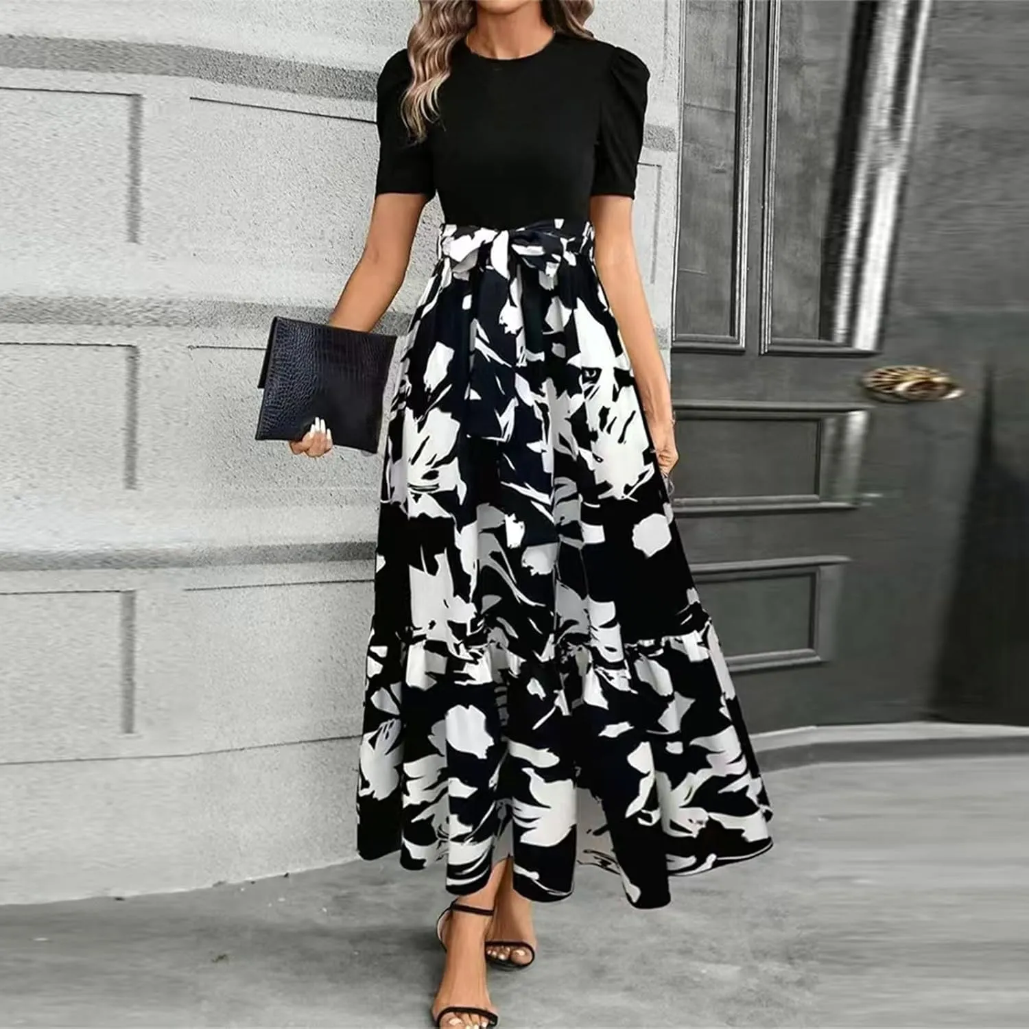 fanmpghleoo Summer Maxi Dresses for Women 2025 Short Sleeve Empire Waist Dress Flowy Beach Vacation Wrap A Line Midi Dresses