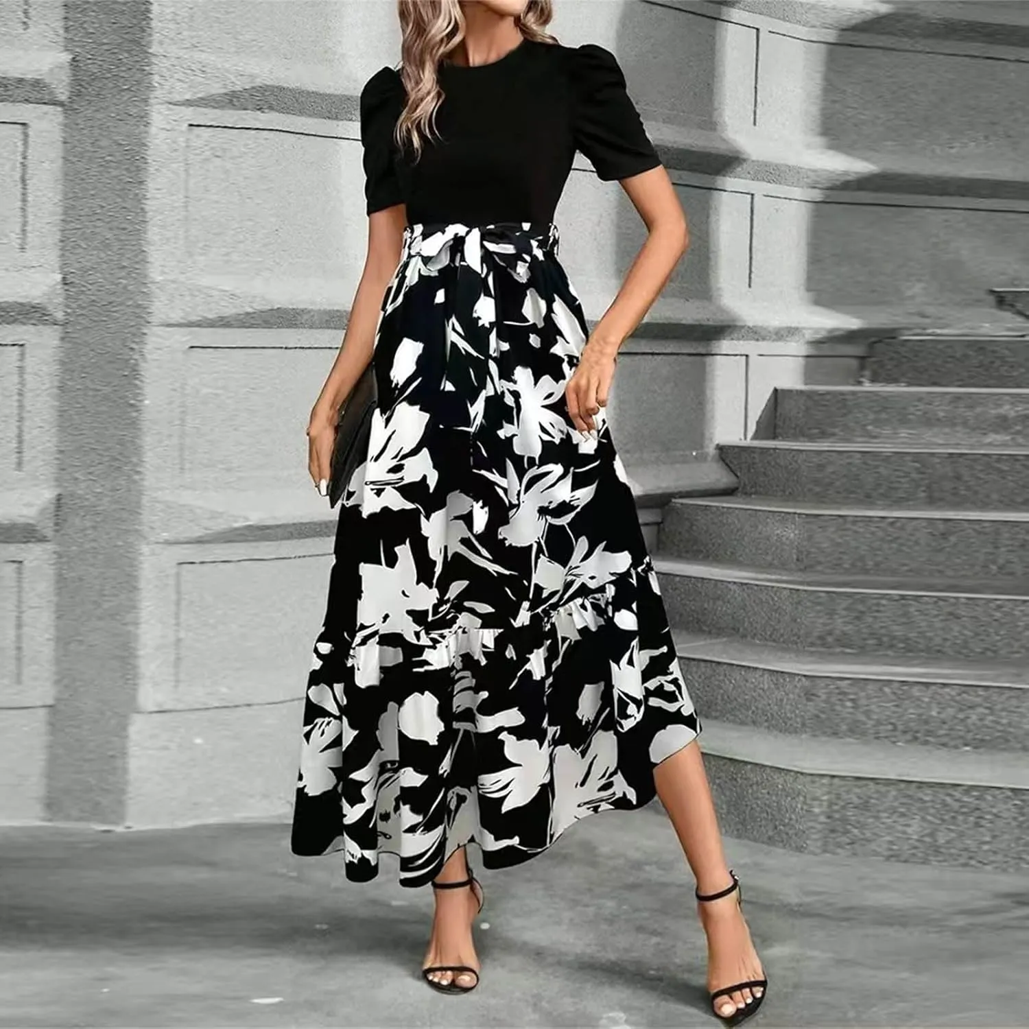 fanmpghleoo Summer Maxi Dresses for Women 2025 Short Sleeve Empire Waist Dress Flowy Beach Vacation Wrap A Line Midi Dresses