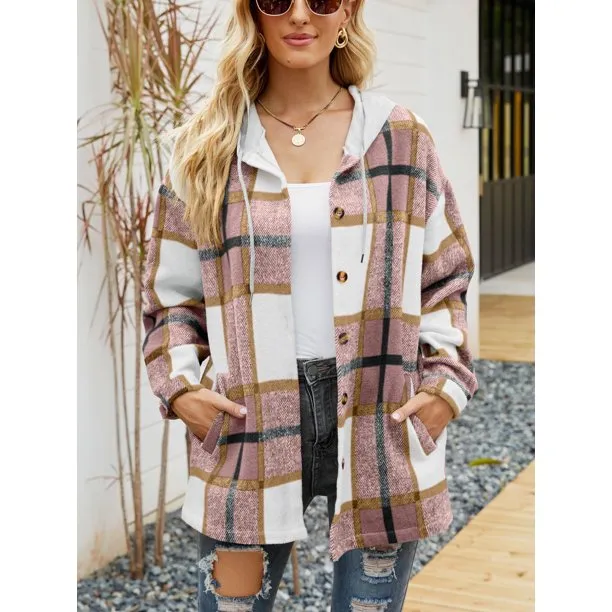 Flannel Shirts for Women Button Down Plaid Shirt Hooded Shacket Jacket with Pocket