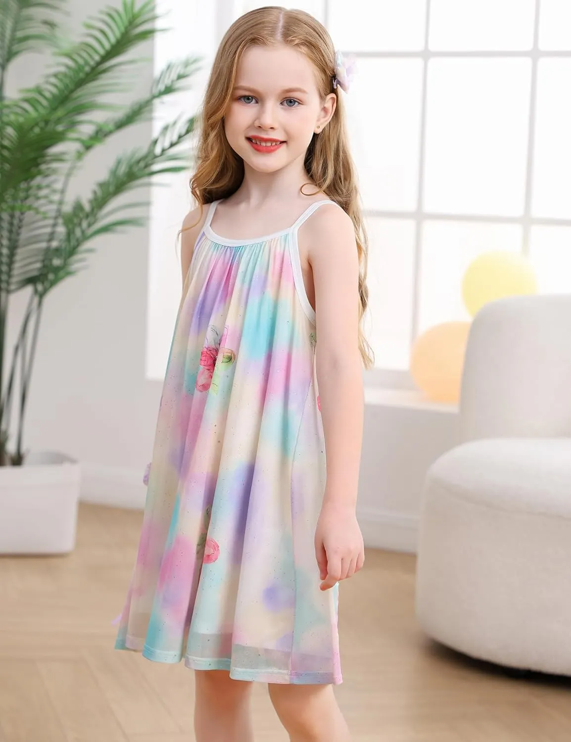 Girl's Summer Dress Casual Spaghetti Strap Rainbow Sundress Size 3-10 Year
