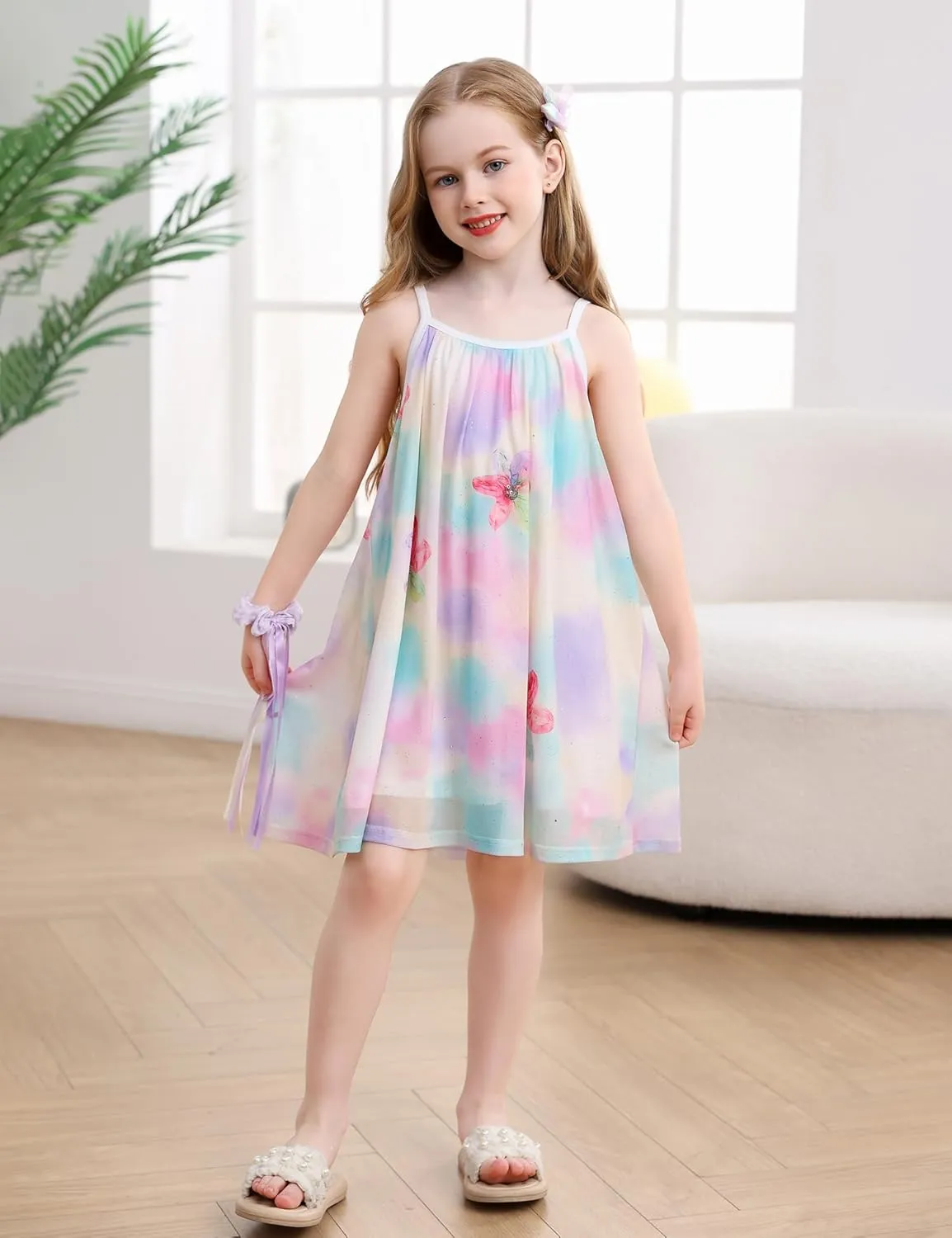 Girl's Summer Dress Casual Spaghetti Strap Rainbow Sundress Size 3-10 Year