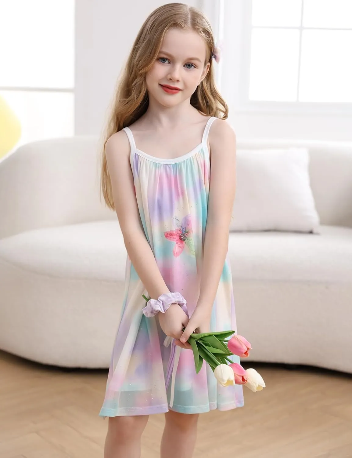Girl's Summer Dress Casual Spaghetti Strap Rainbow Sundress Size 3-10 Year