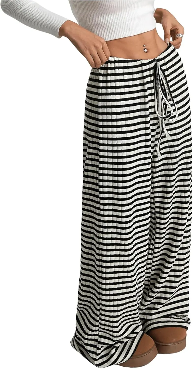 GORGLITTER Women's Bow Tie Stacked Baggy Sweatpants Striped Wide Leg Lounge Pants Comfy Pajama Pants