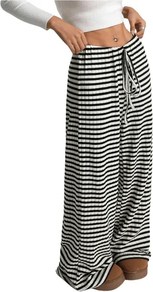 GORGLITTER Women's Bow Tie Stacked Baggy Sweatpants Striped Wide Leg Lounge Pants Comfy Pajama Pants
