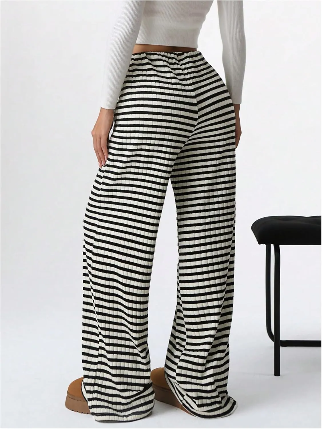 GORGLITTER Women's Bow Tie Stacked Baggy Sweatpants Striped Wide Leg Lounge Pants Comfy Pajama Pants