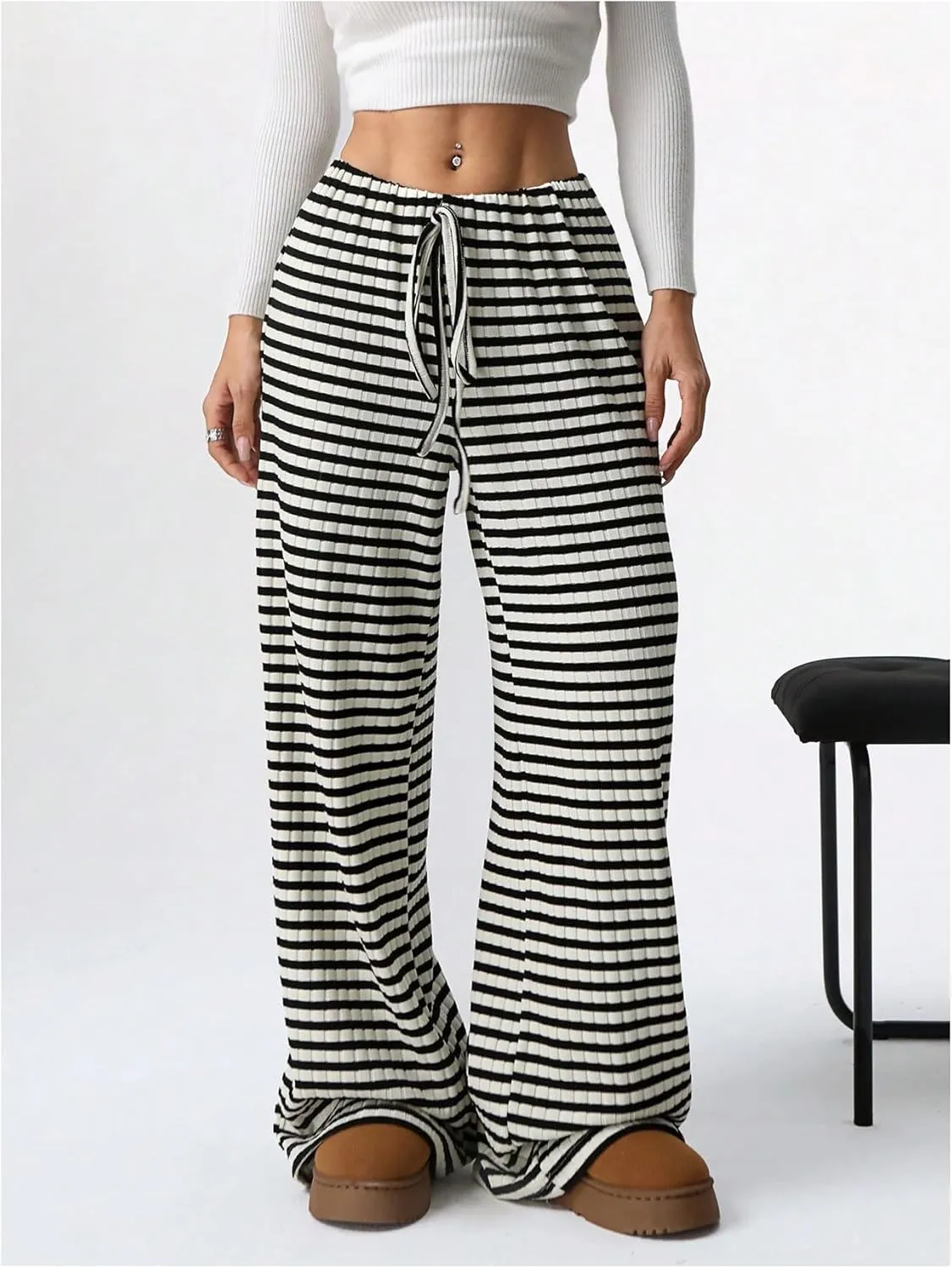 GORGLITTER Women's Bow Tie Stacked Baggy Sweatpants Striped Wide Leg Lounge Pants Comfy Pajama Pants