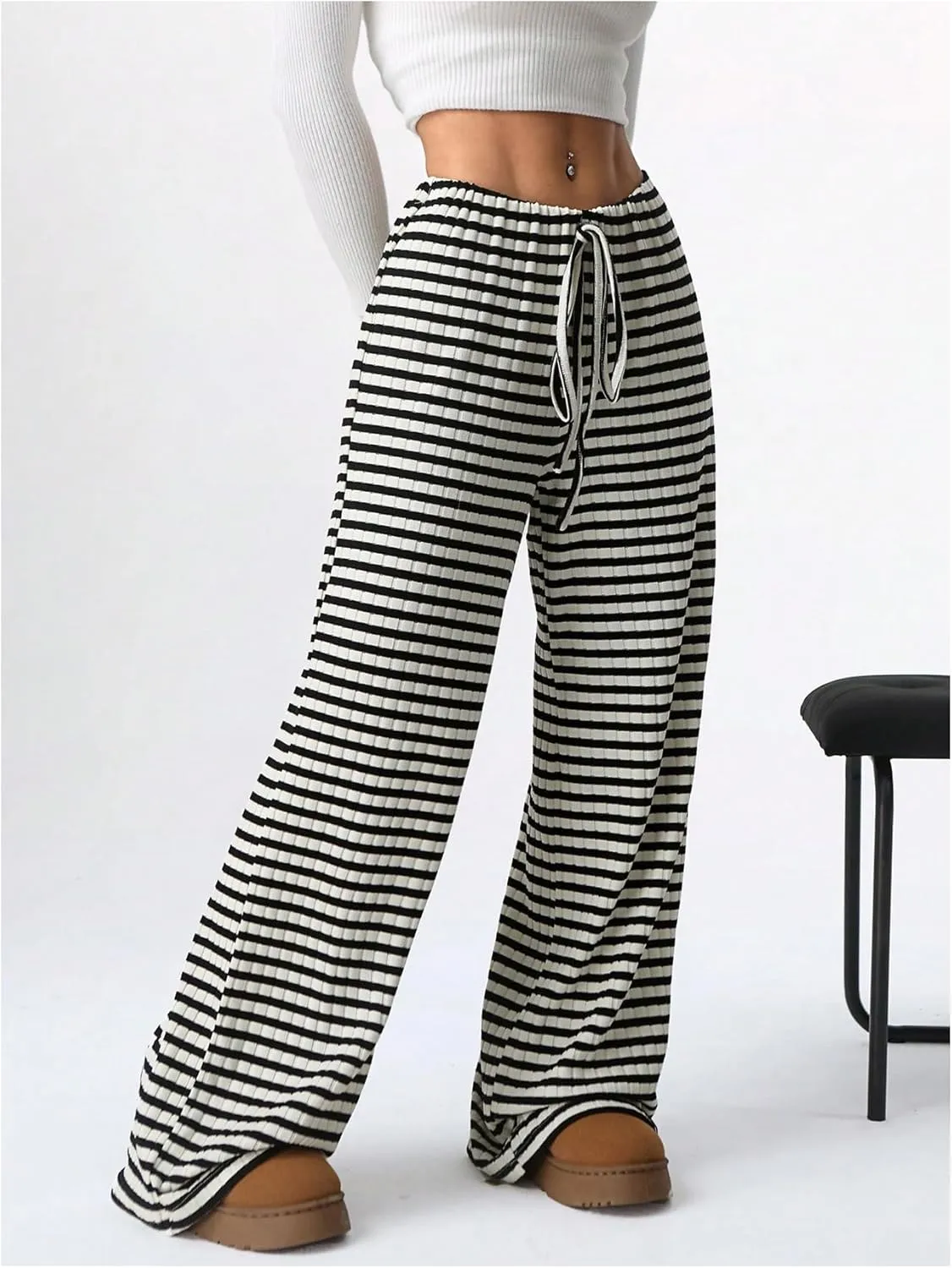 GORGLITTER Women's Bow Tie Stacked Baggy Sweatpants Striped Wide Leg Lounge Pants Comfy Pajama Pants
