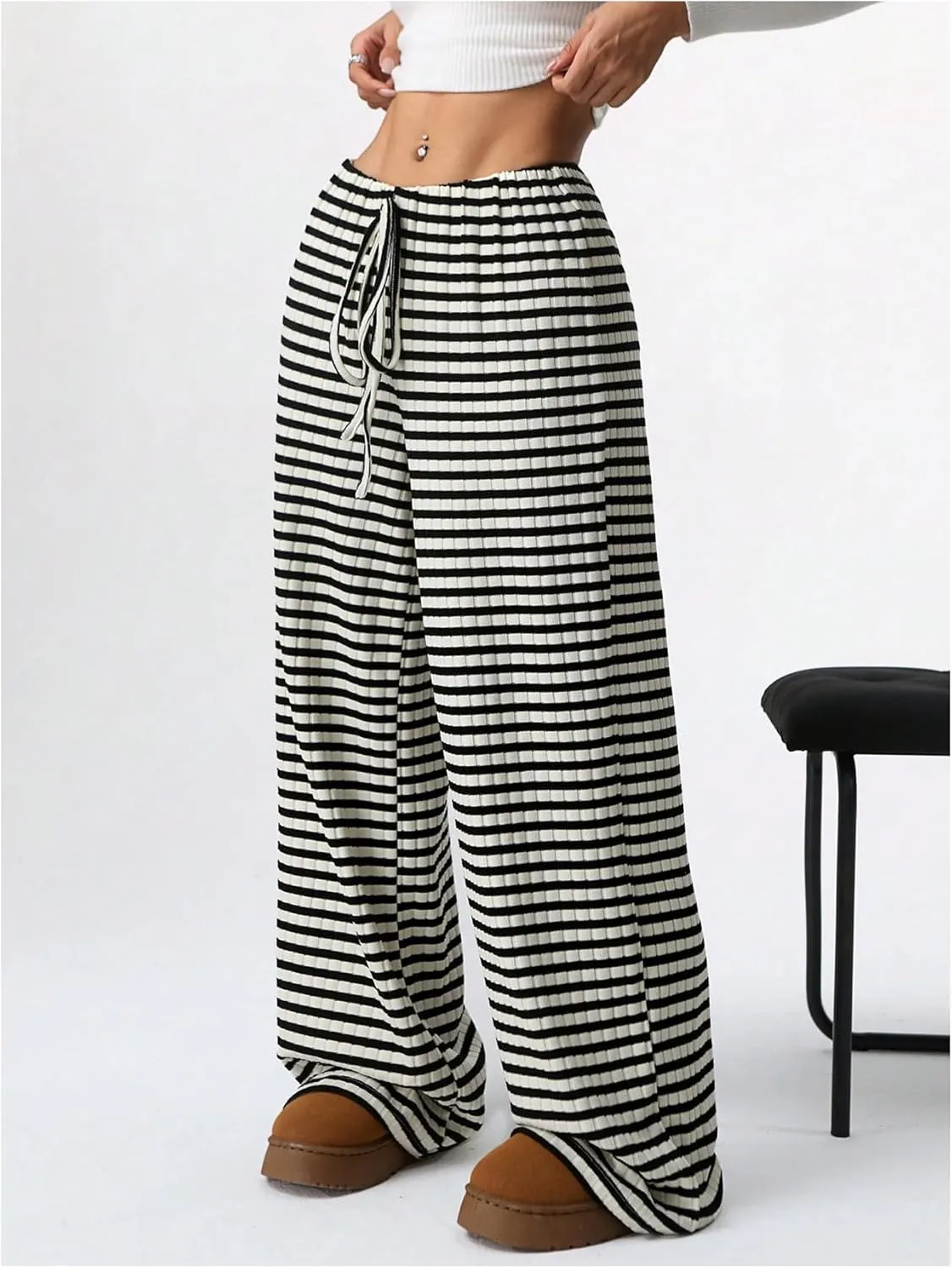 GORGLITTER Women's Bow Tie Stacked Baggy Sweatpants Striped Wide Leg Lounge Pants Comfy Pajama Pants