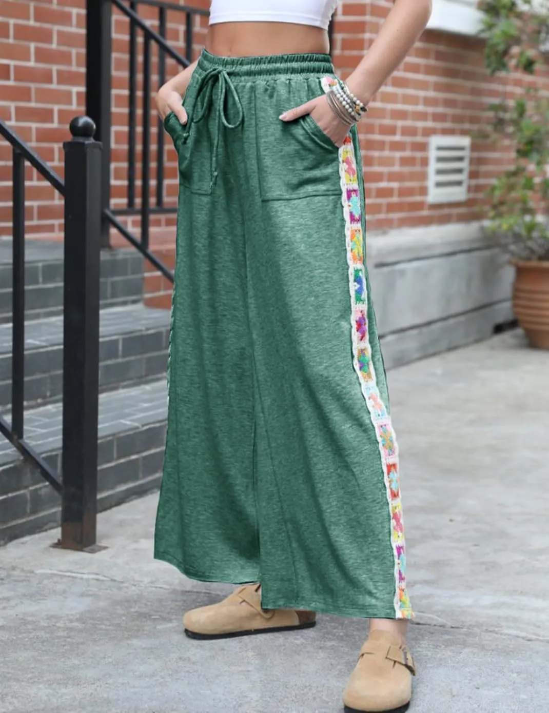 Haellun Womens Casual Comfy Pants High Waist Boho Wide Leg Cropped Palazzo Crochet Beach Pants with Pockets