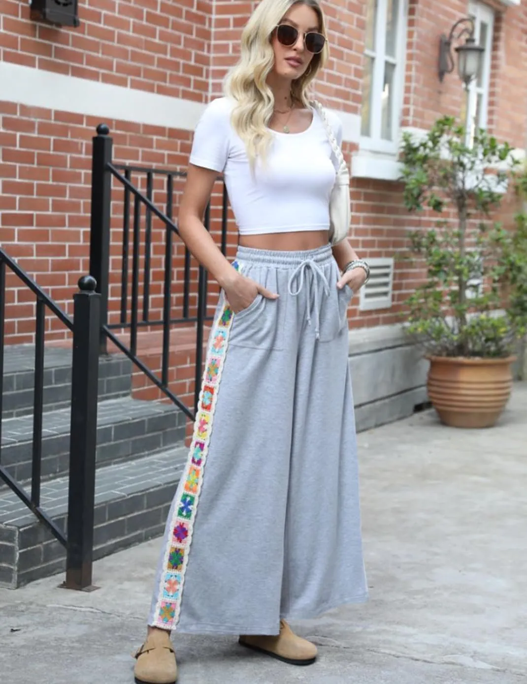 Haellun Womens Casual Comfy Pants High Waist Boho Wide Leg Cropped Palazzo Crochet Beach Pants with Pockets