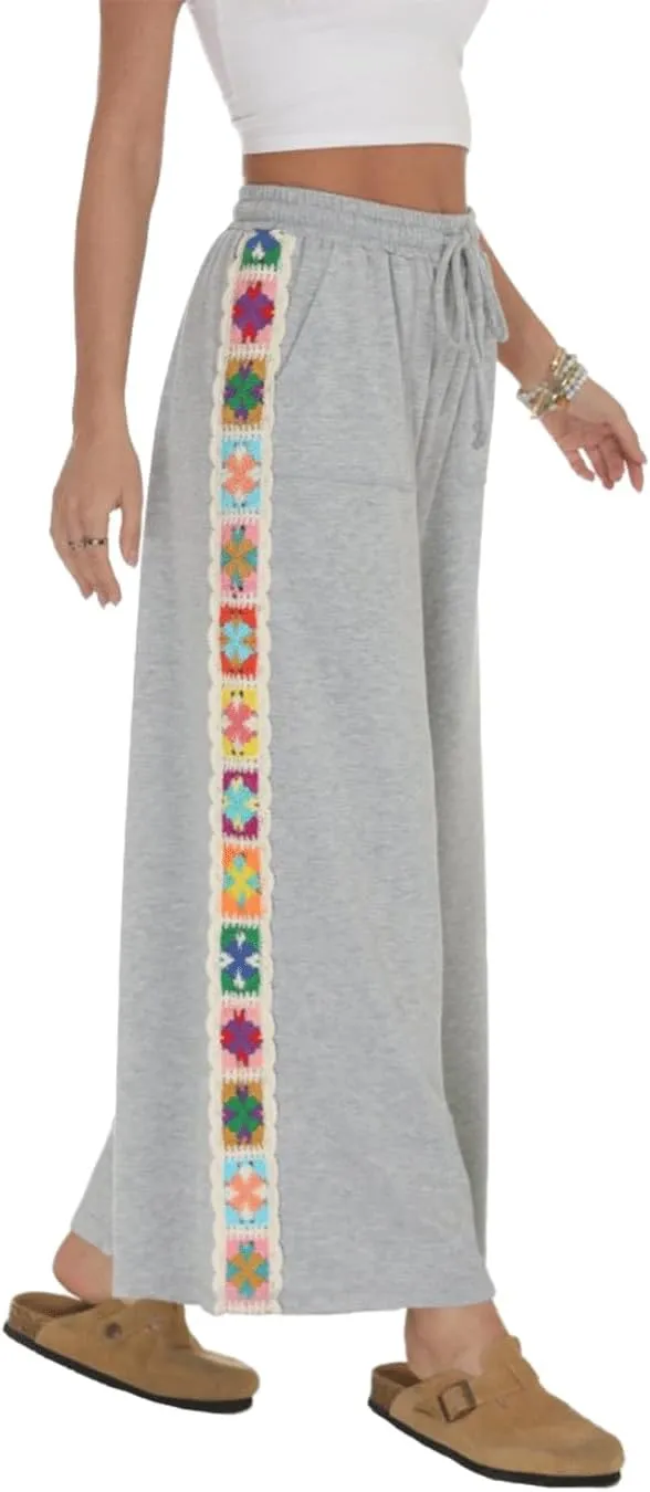Haellun Womens Casual Comfy Pants High Waist Boho Wide Leg Cropped Palazzo Crochet Beach Pants with Pockets