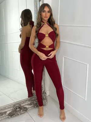 Halter Neck & Gold Twist Detail Jumpsuit - Wine