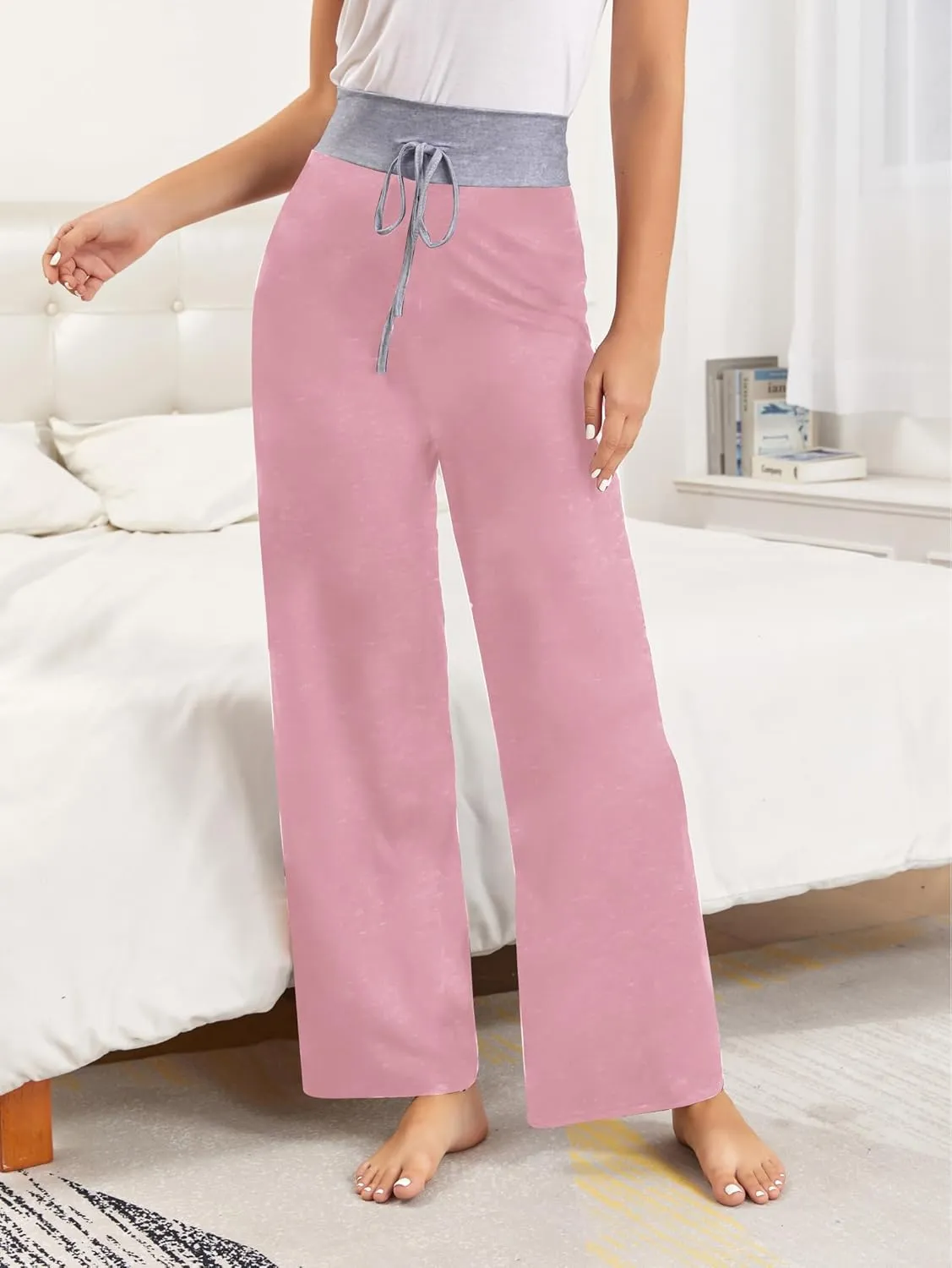 iChunhua Women's Comfy Stretch Floral Print Drawstring Palazzo Wide Leg Lounge Pant