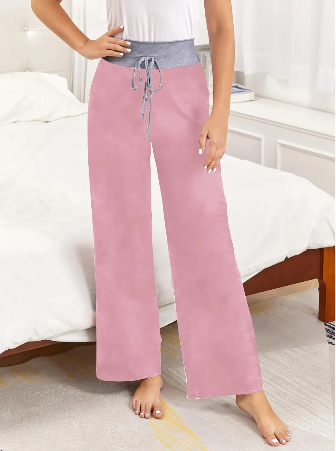 iChunhua Women's Comfy Stretch Floral Print Drawstring Palazzo Wide Leg Lounge Pant