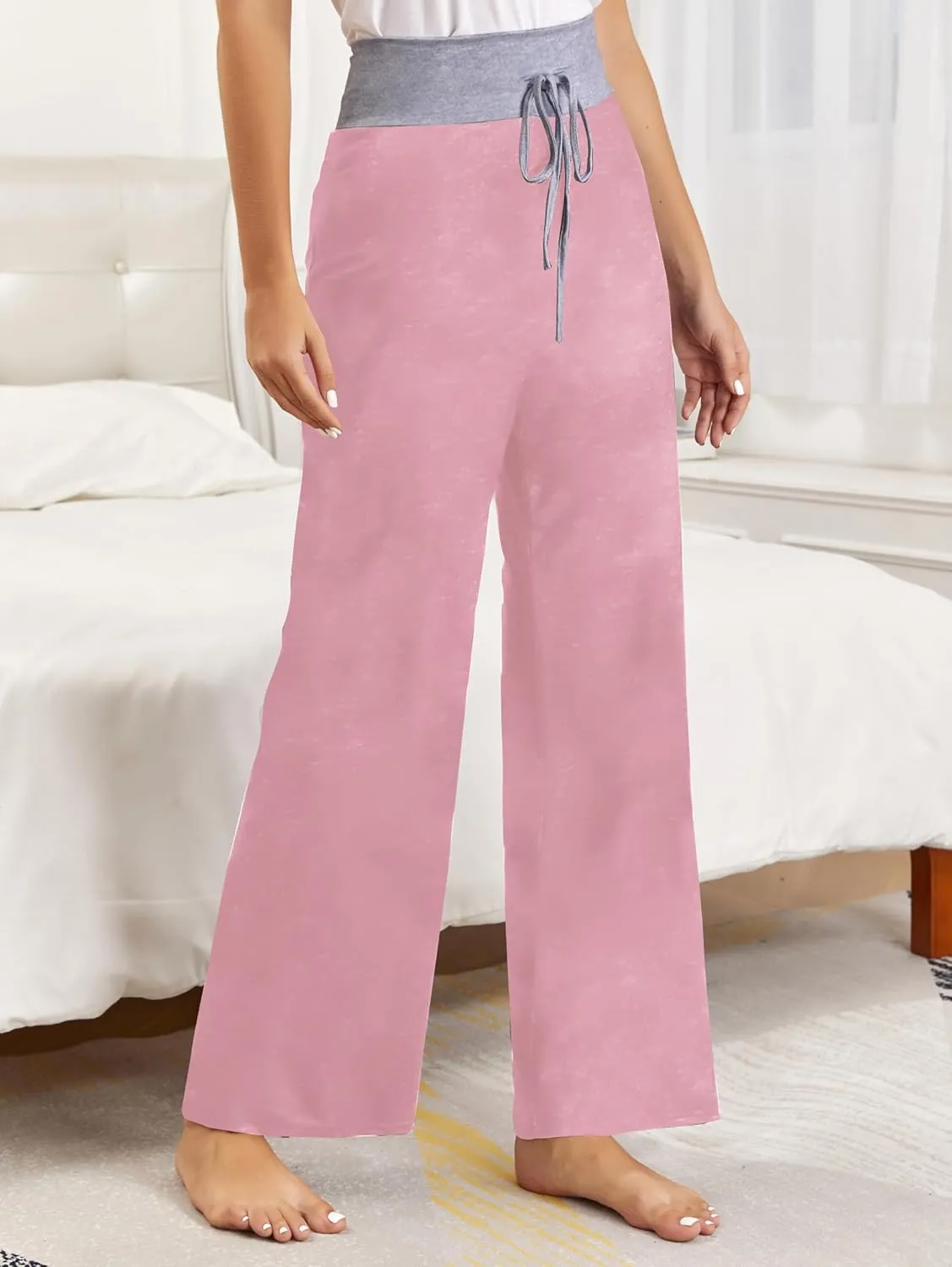 iChunhua Women's Comfy Stretch Floral Print Drawstring Palazzo Wide Leg Lounge Pant