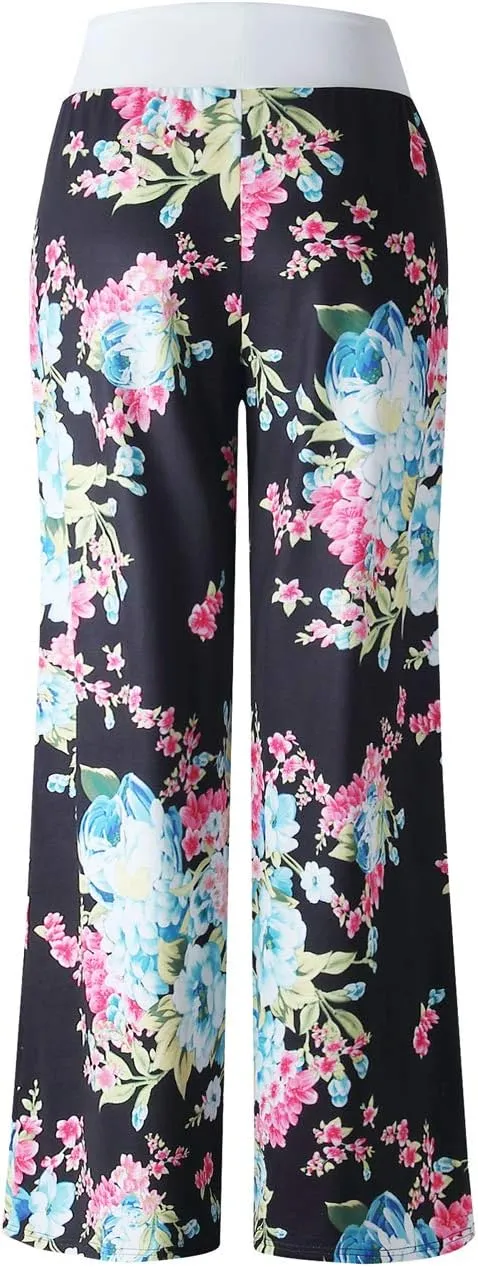 iChunhua Women's Comfy Stretch Floral Print Drawstring Palazzo Wide Leg Lounge Pant