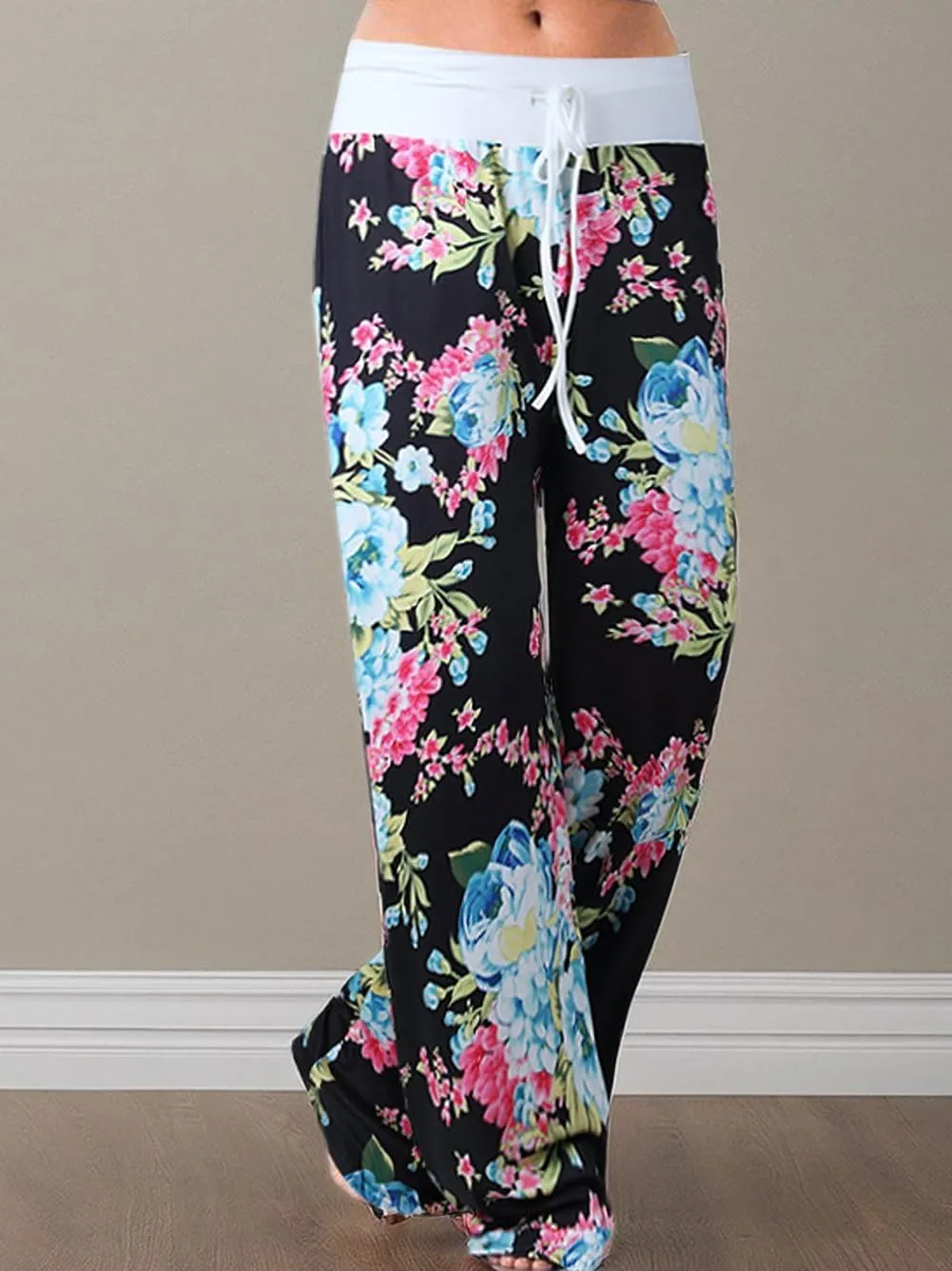 iChunhua Women's Comfy Stretch Floral Print Drawstring Palazzo Wide Leg Lounge Pant