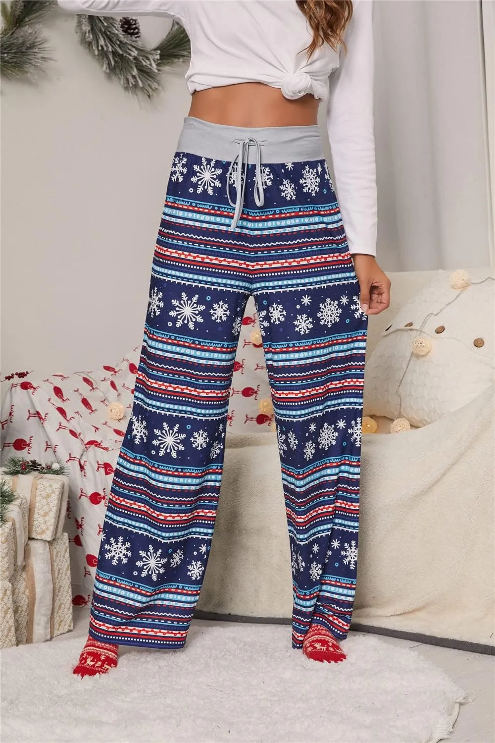 iChunhua Women's Comfy Stretch Floral Print Drawstring Palazzo Wide Leg Lounge Pant