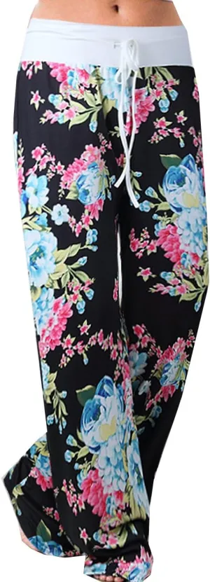 iChunhua Women's Comfy Stretch Floral Print Drawstring Palazzo Wide Leg Lounge Pant