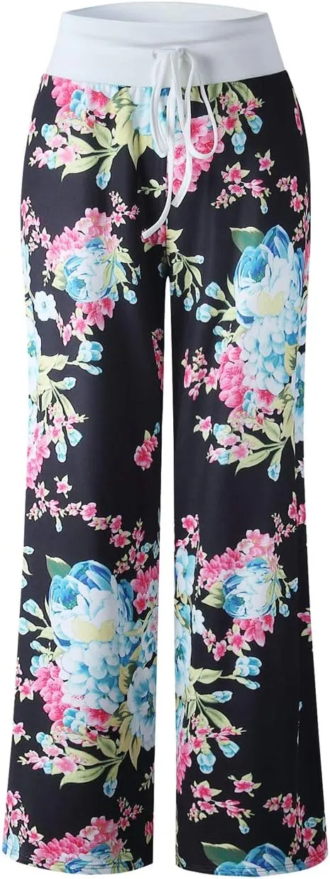 iChunhua Women's Comfy Stretch Floral Print Drawstring Palazzo Wide Leg Lounge Pant