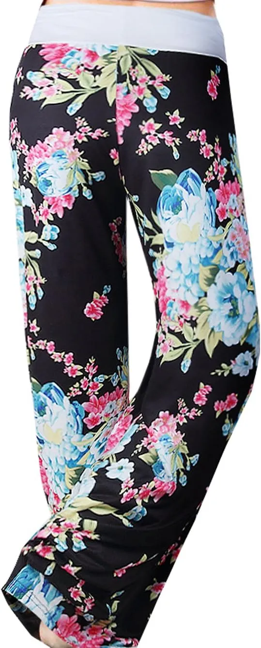 iChunhua Women's Comfy Stretch Floral Print Drawstring Palazzo Wide Leg Lounge Pant
